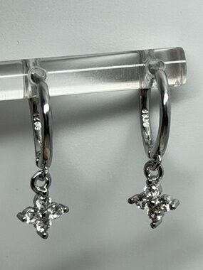 925 Sterling Silver Hoop Earrings with Crystal Flower Drop - Silver